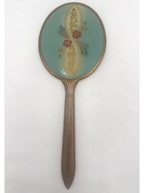 Vintage Handheld Vanity Mirror With Gold Floral Design & Green Enamel Back